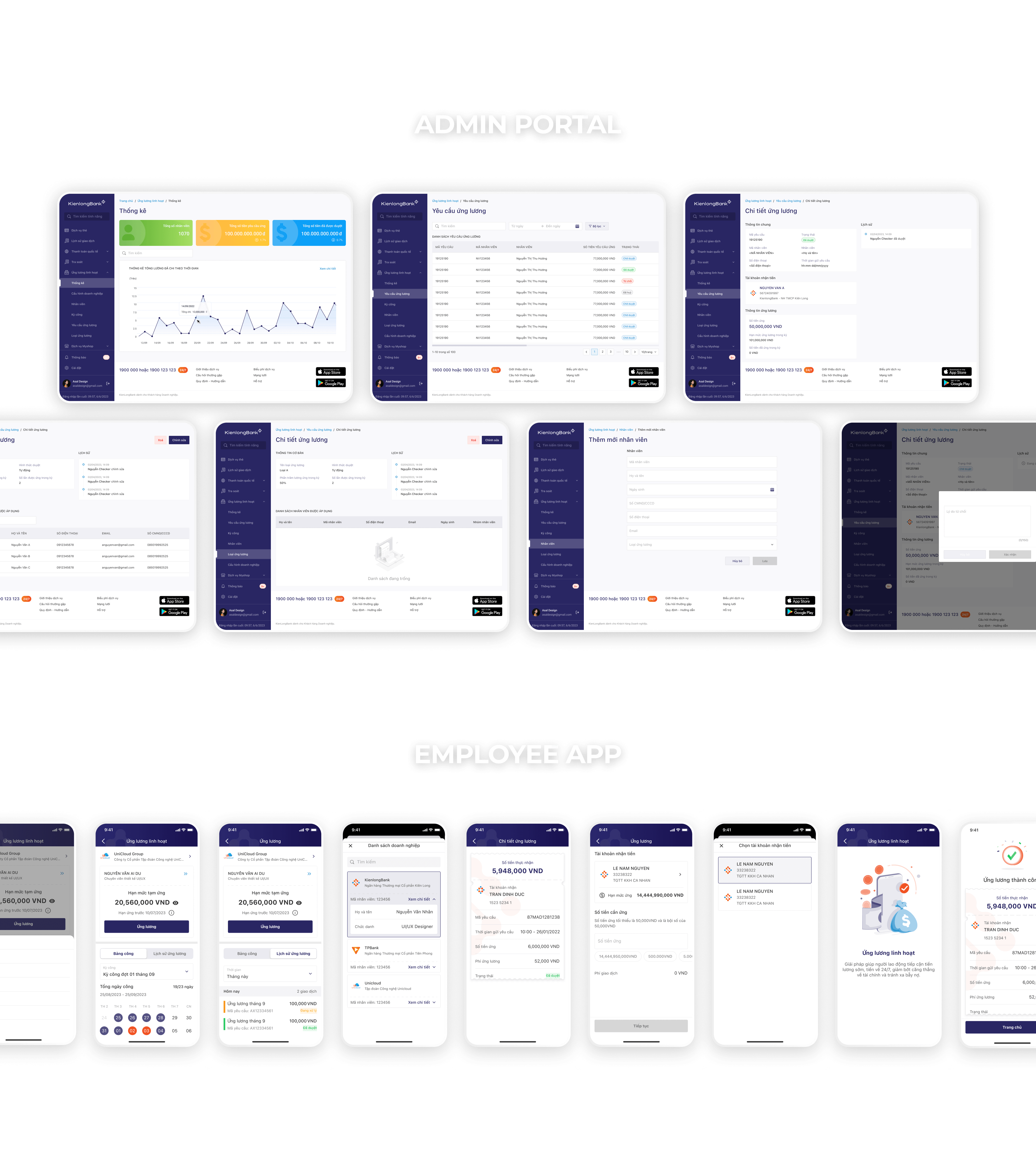 EWA mockups across HR admin portal and employee mobile app