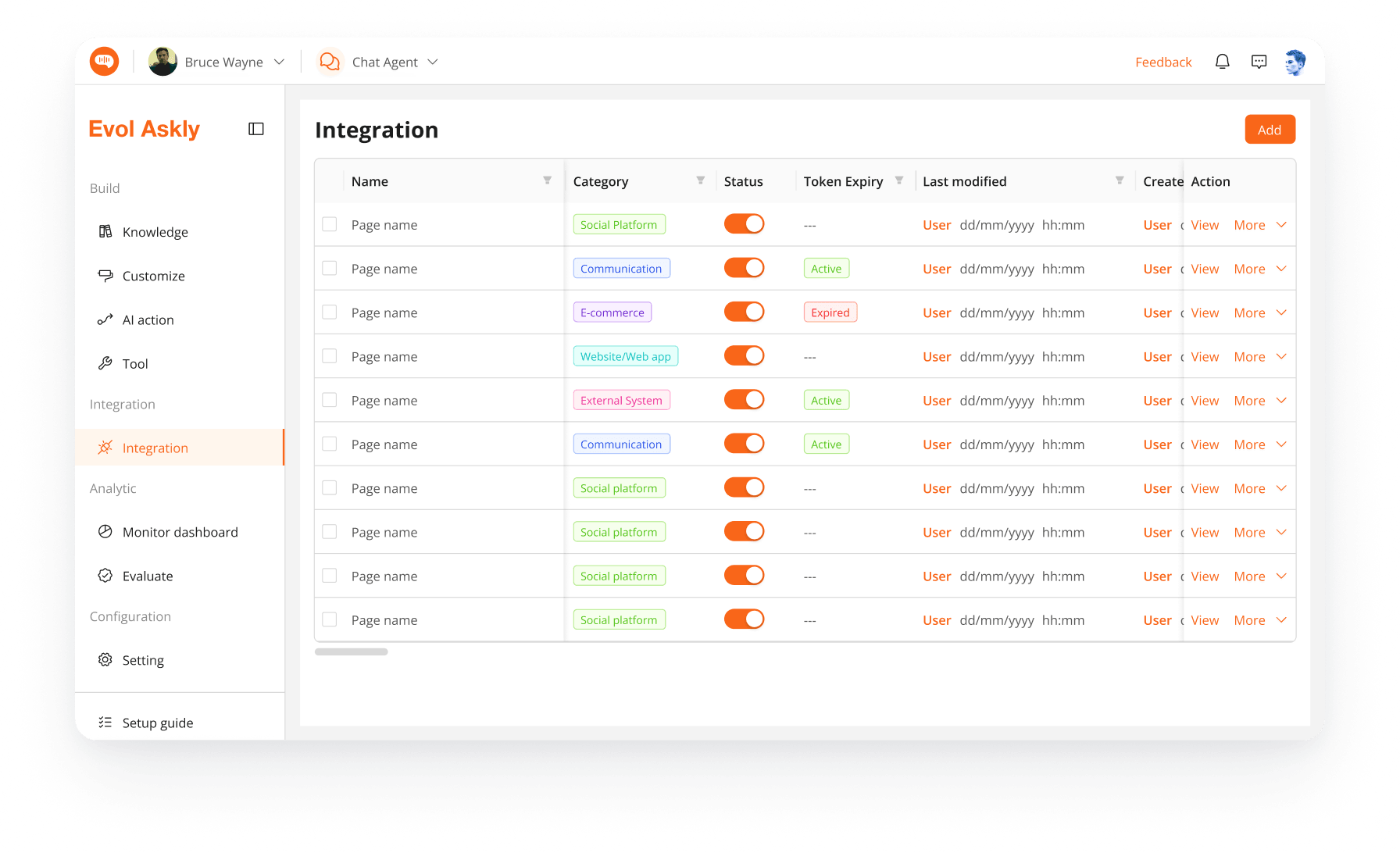 Managed from the integration list