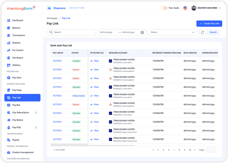 Pay Link — KLBP back-office screen