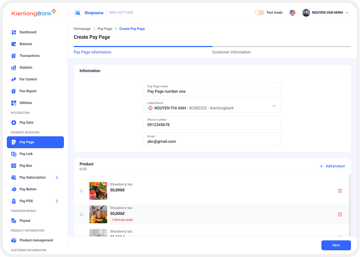 Pay Page — KLBP back-office screen